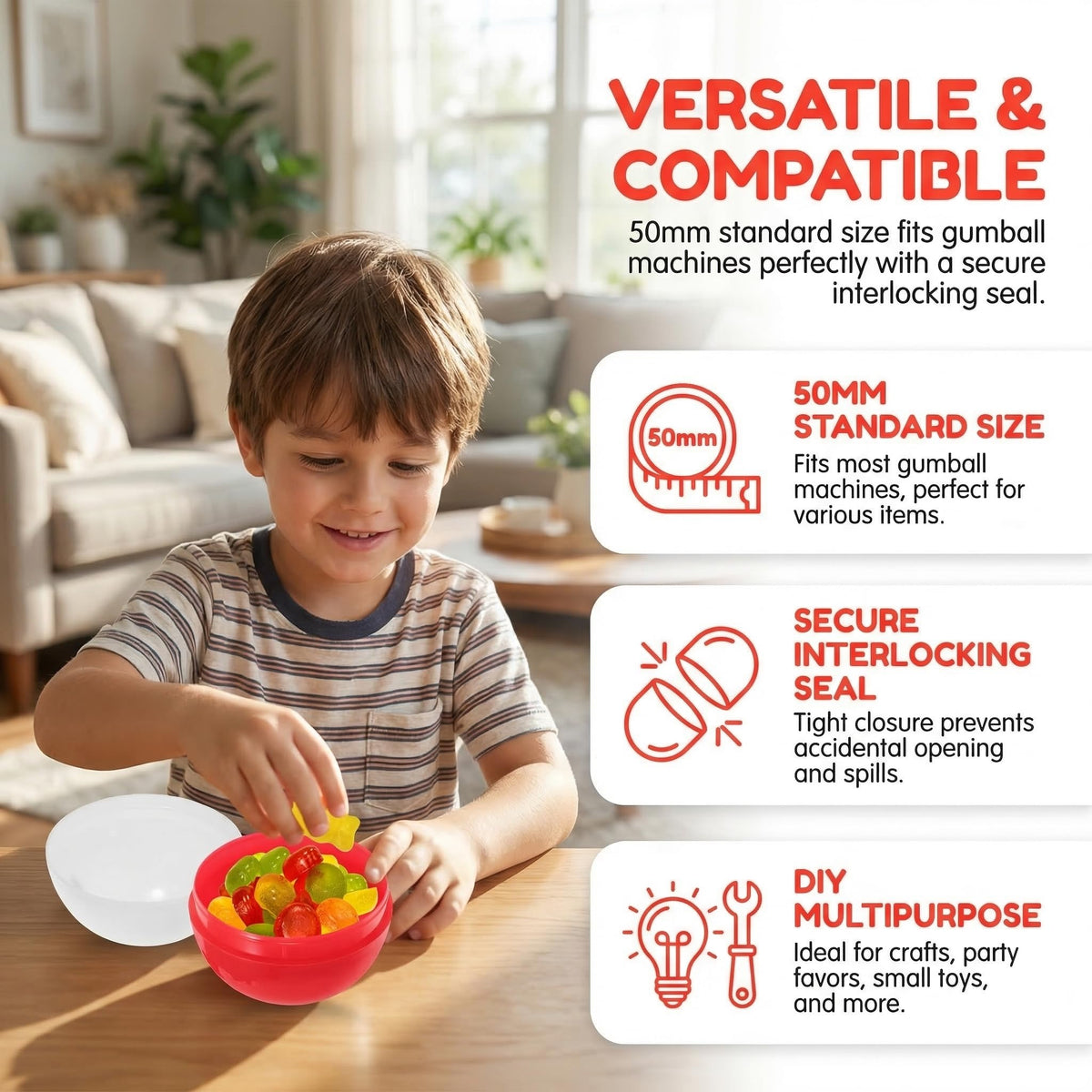 SAFIGLE twisted-ball capsules in red and white for playful prizes