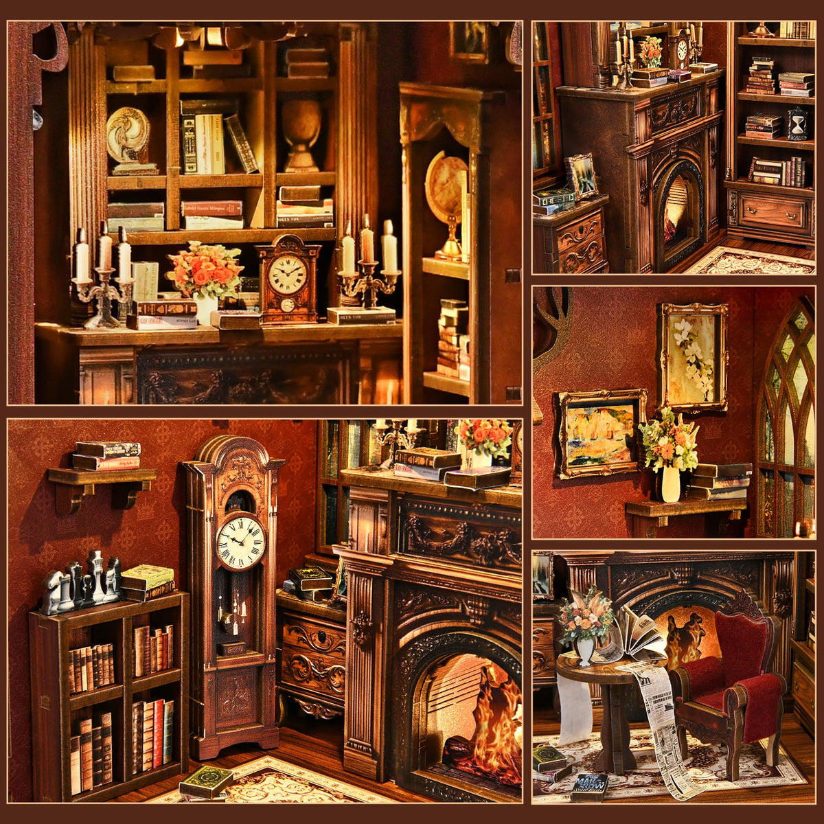 Sagiterra Book Nook Kit interior focus showcases warm tones for a inviting tiny library display.