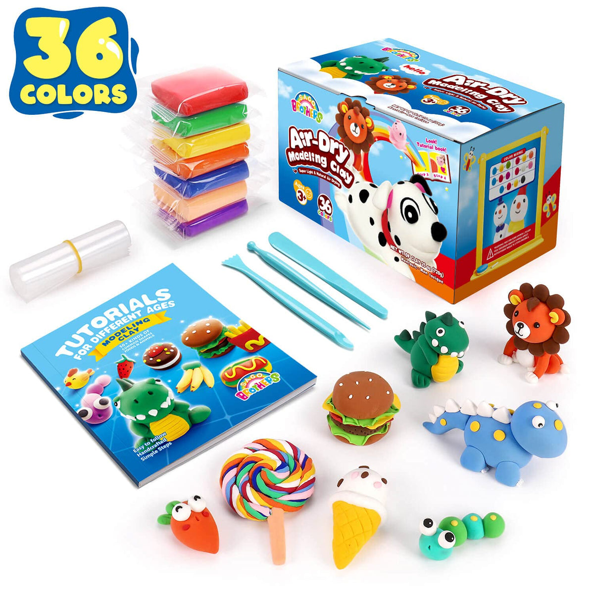 Sago Brothers 36 colors air dry clay kit with vibrant hues for creative kids' projects.