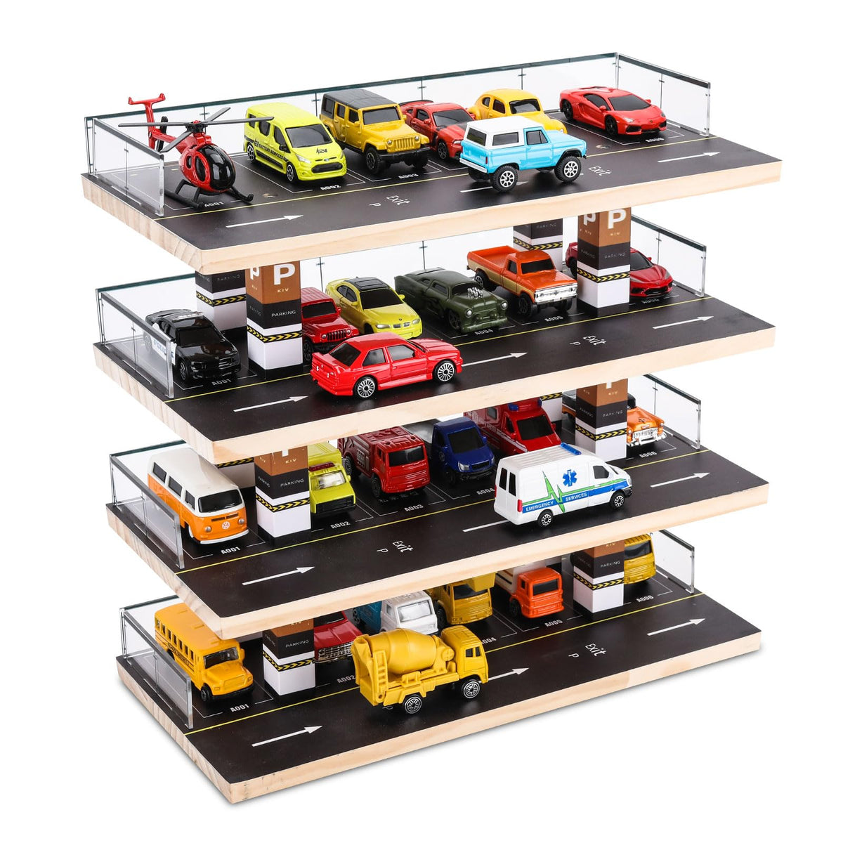 Saichotoy display case top view shows four-level parking for organized 1:64 cars