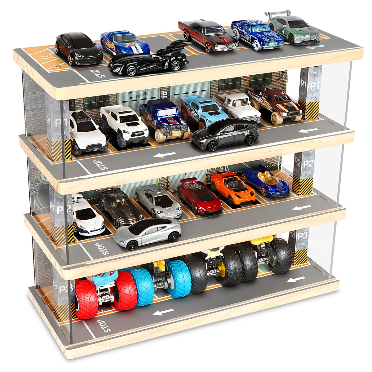 Saichotoy hot wheels storage 4-level diorama highlights 1/64 cars with durable, dust-free viewing.