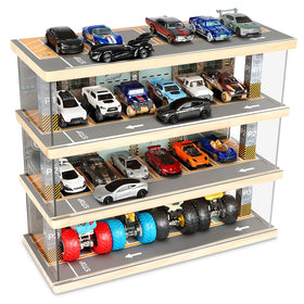 Saichotoy hot wheels storage 4-level diorama highlights 1/64 cars with durable, dust-free viewing.