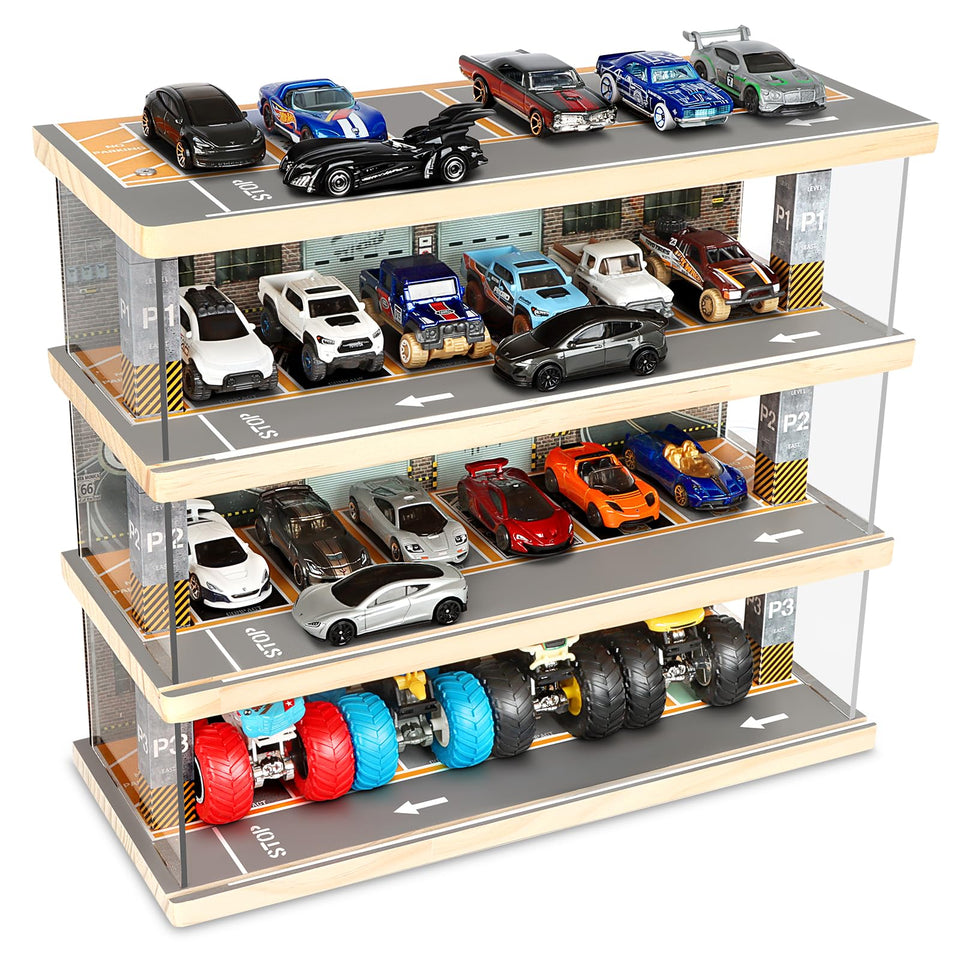 Saichotoy hot wheels storage 4-level diorama highlights 1/64 cars with durable, dust-free viewing.