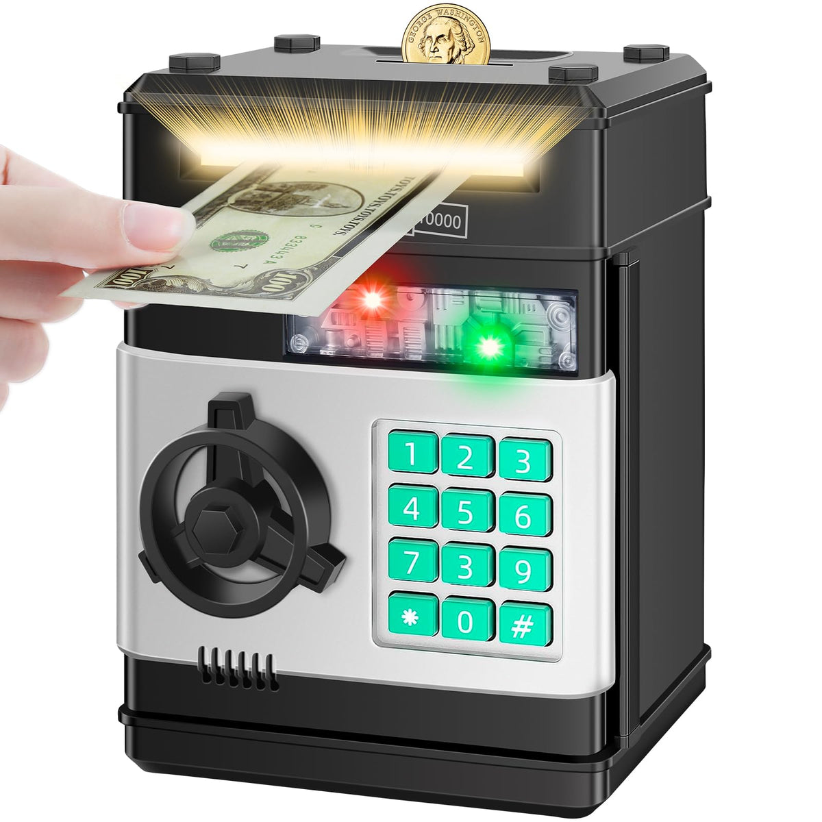Saidrip piggy bank for kids, front view showing secure password panel.