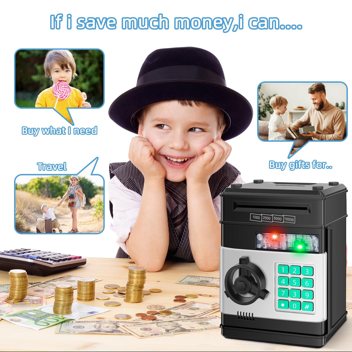 Saidrip piggy bank kids, password input area with indicator light.