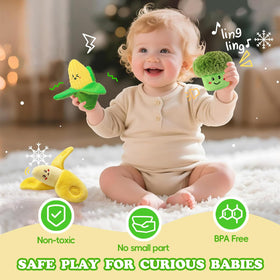SAIMAND baby squeezing a plush veggie to explore textures and grip.