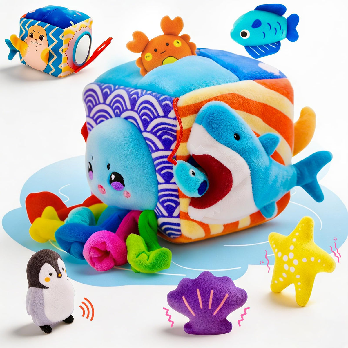 SAIMAND Mystery Softbox with plush marine animals for tactile exploration.