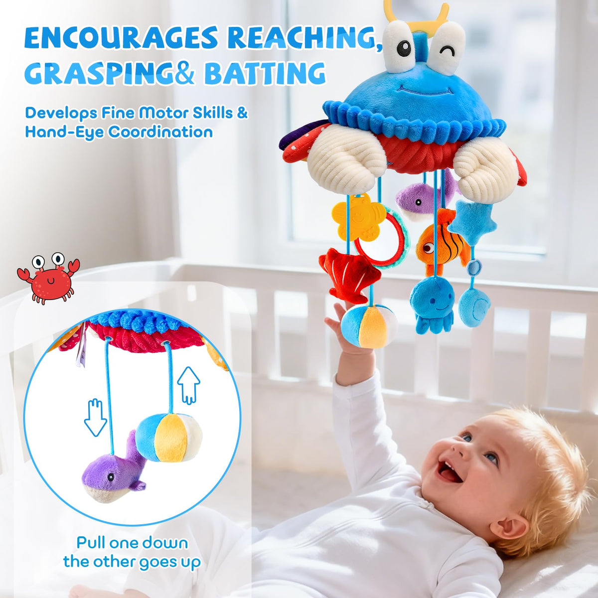 SAIMAND crab toy clip-crib supports reach and grasp