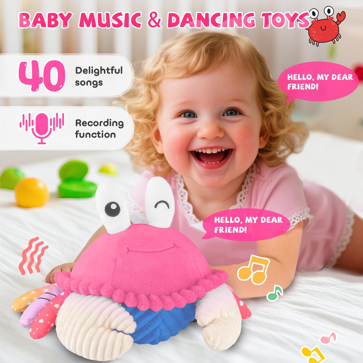 SAIMAND pink crab musical toy featuring 40 songs for musical exploration