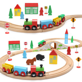 SainSmart Jr wooden train set with double-sided tracks encouraging imaginative play
