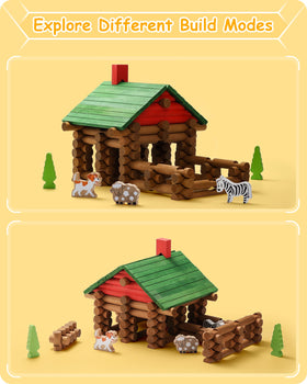 SainSmart Jr. child building a forest scene with logs in a garden