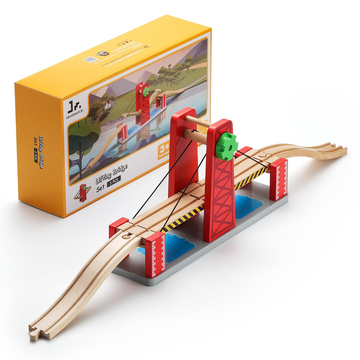 SainSmart Jr. lifting bridge set assembly shows child-controlled lift action for imaginative play.