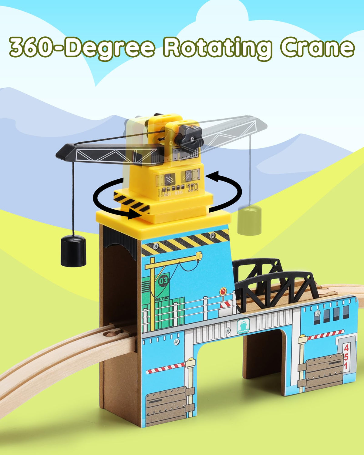 SainSmart Jr. magnetic crane with lifting load for imaginative track adventures.