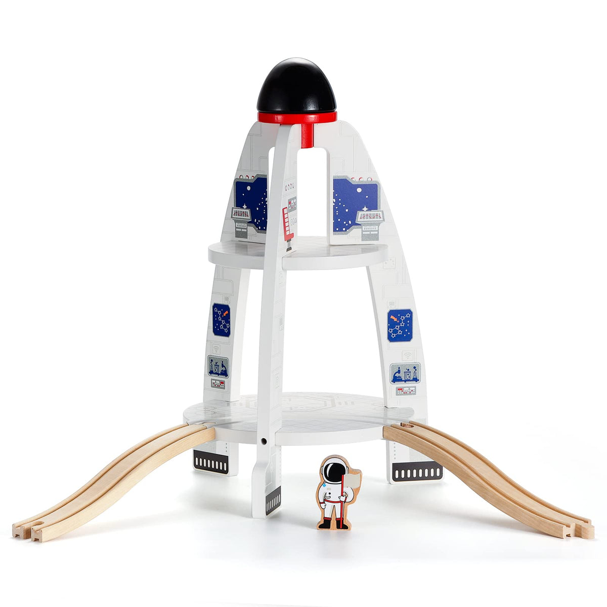 SainSmart Jr space launcher rocket on wooden tracks promotes imaginative play and spatial awareness.