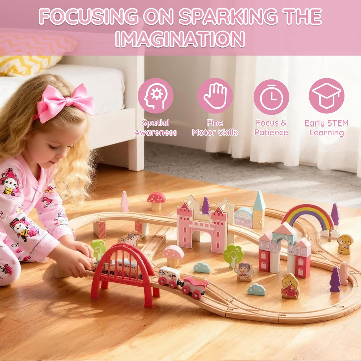 SainSmart Jr unicorn figure on a pink train for storytelling
