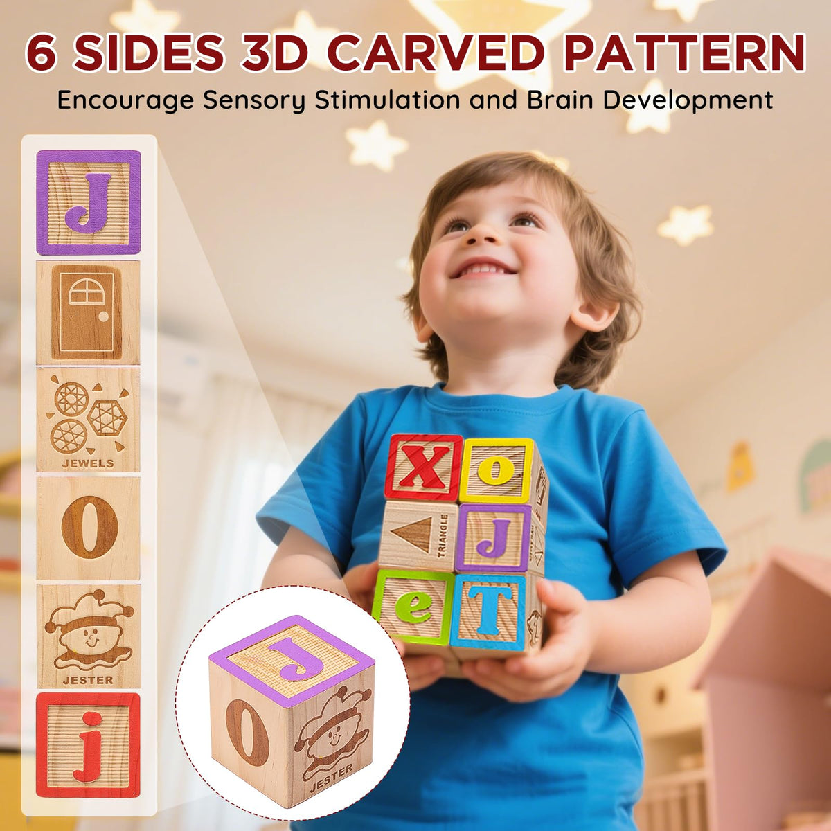 Close view of six-sided engraving on SainSmart Jr blocks for multisensory exploration.