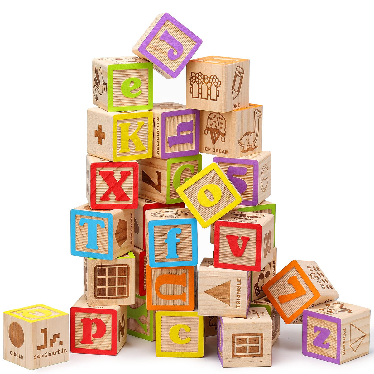 SainSmart Jr wooden alphabet blocks display letters and numbers for hands-on learning.