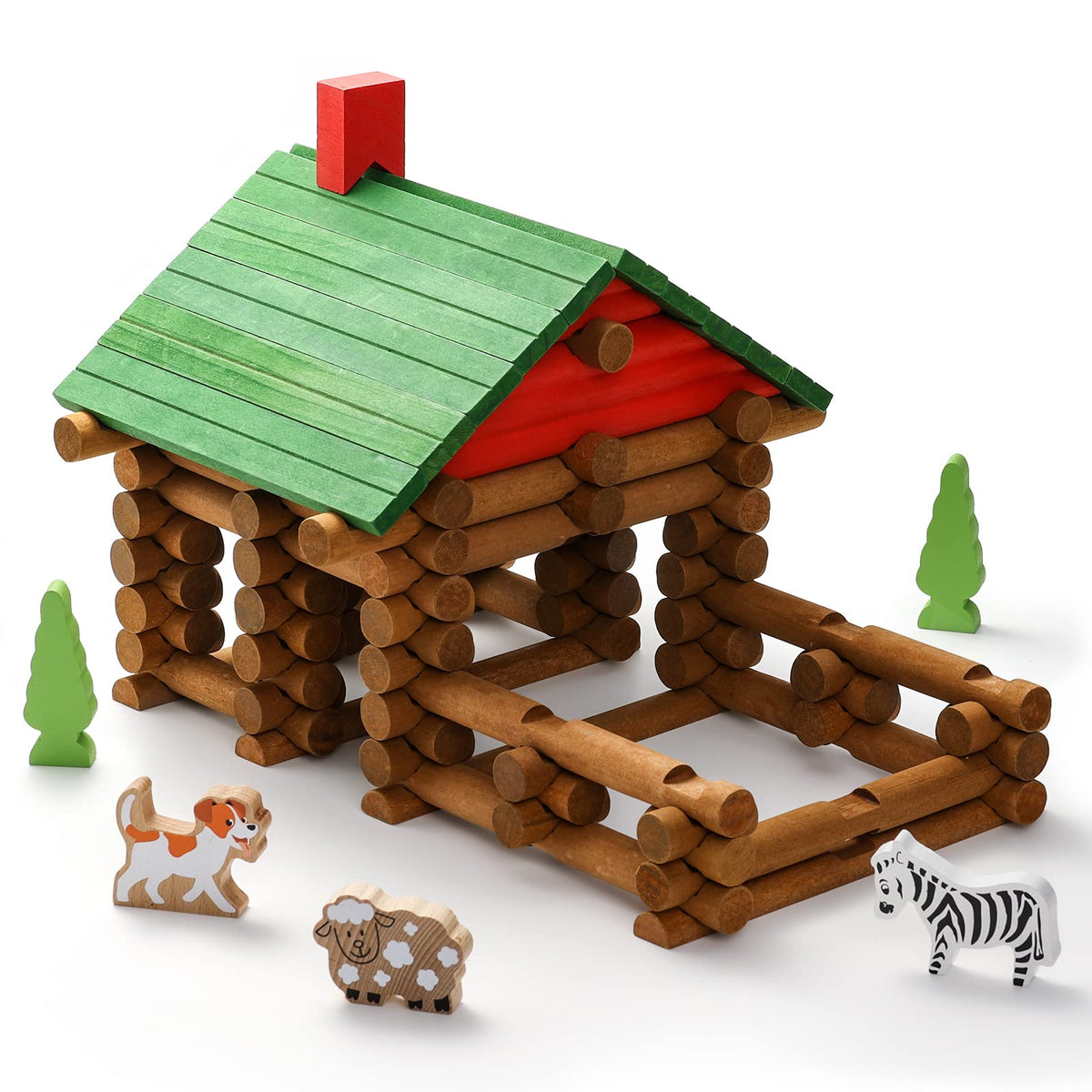 SainSmart Jr. wooden log cabin set logs stacked for imaginative building play