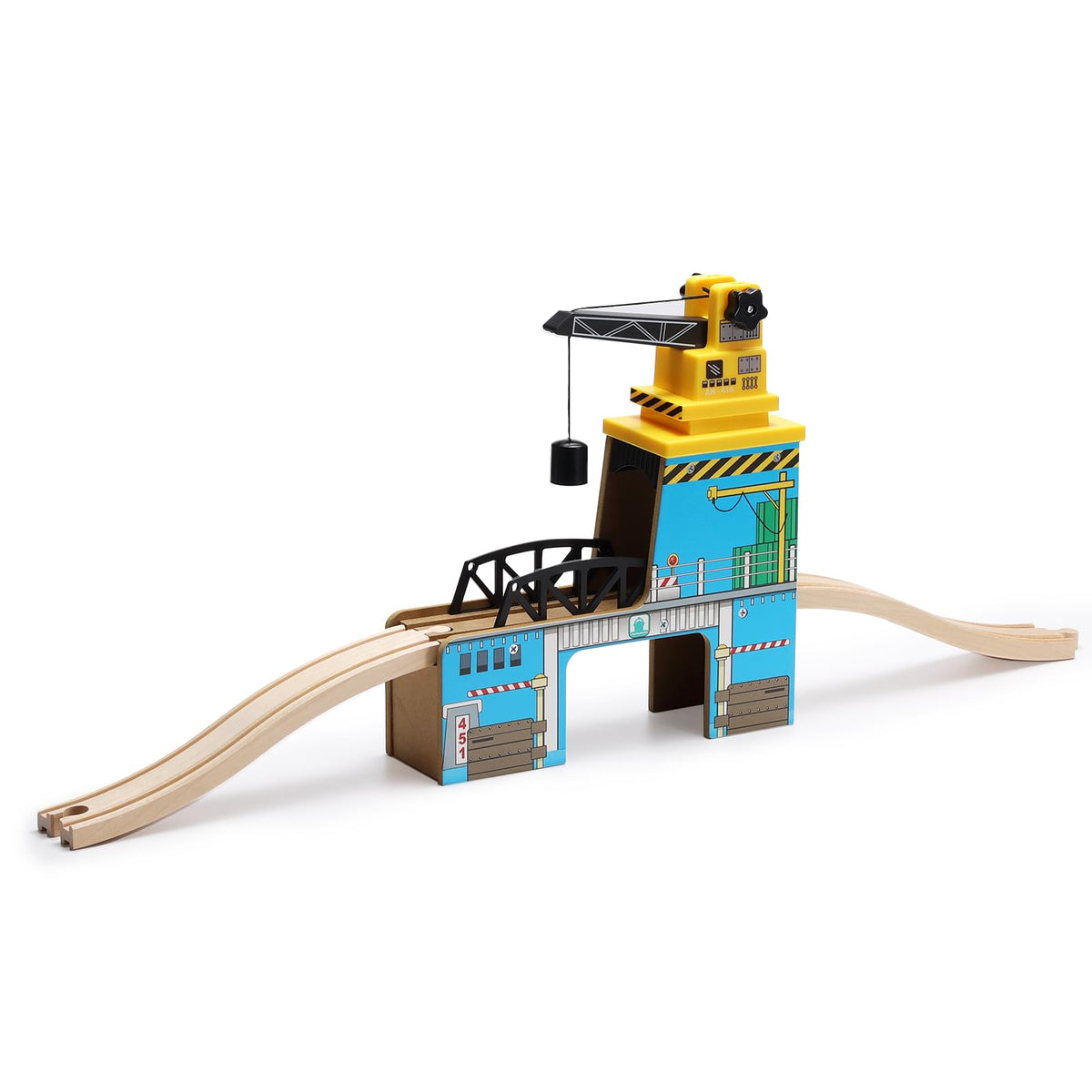SainSmart Jr. wooden train crane rotation demonstrates magnetic lifting for kids' fine motor play.