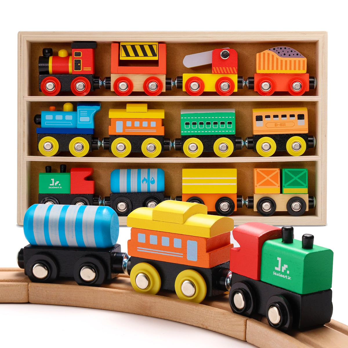SainSmart Jr. wooden engine train sparks imaginative play and fine motor skills.