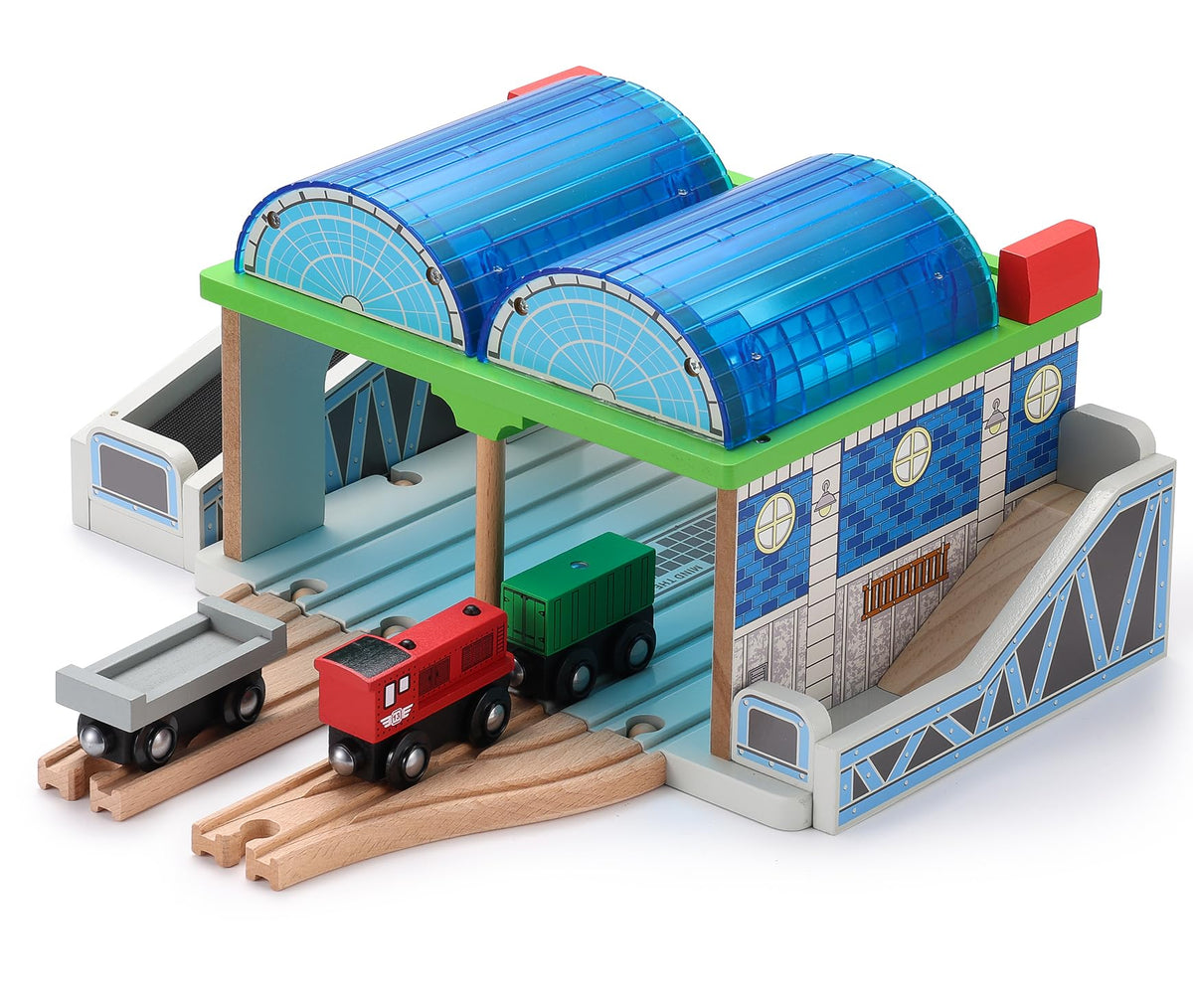 SainSmart Jr wooden train station with smooth edges for safe imaginative play.