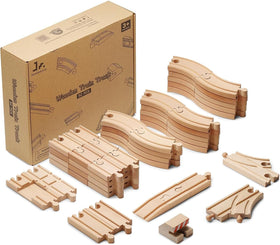 SainSmart Jr wooden train track 52-piece set with natural wood finish for creative play.