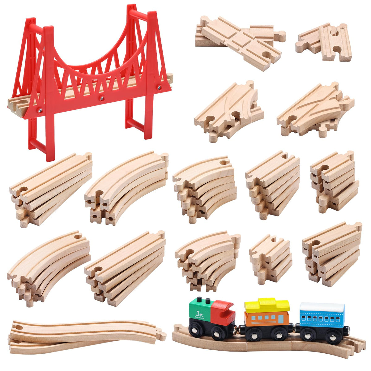 SainSmart Jr wooden train track set overview with bridge for imaginative play