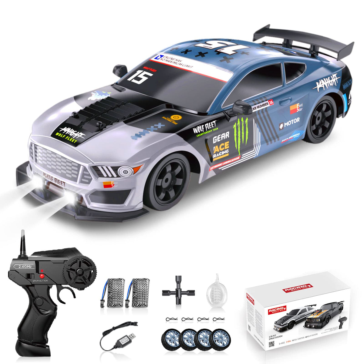 Sakeye RC drift car front view with rugged styling for action