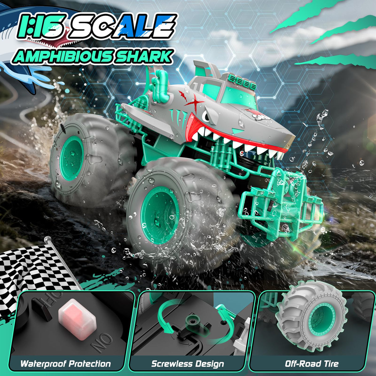 Salazaza megalodon shark tire close-up demonstrates durability