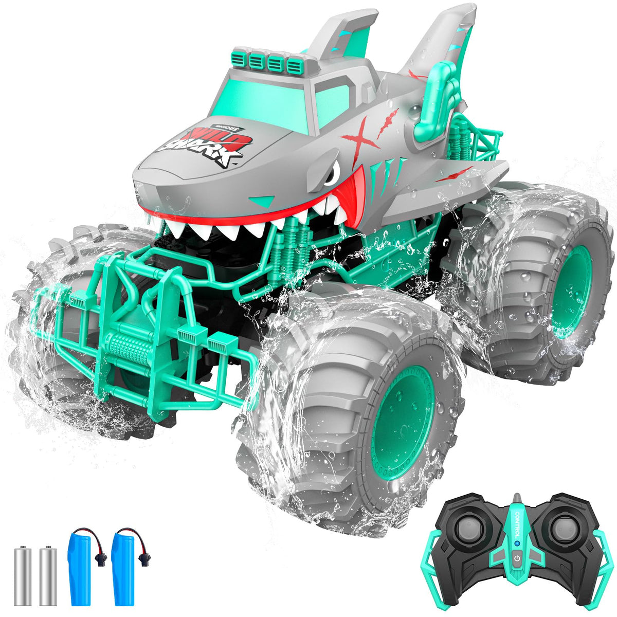 Salazaza waterproof shark RC car front view showing rugged design for water and land play