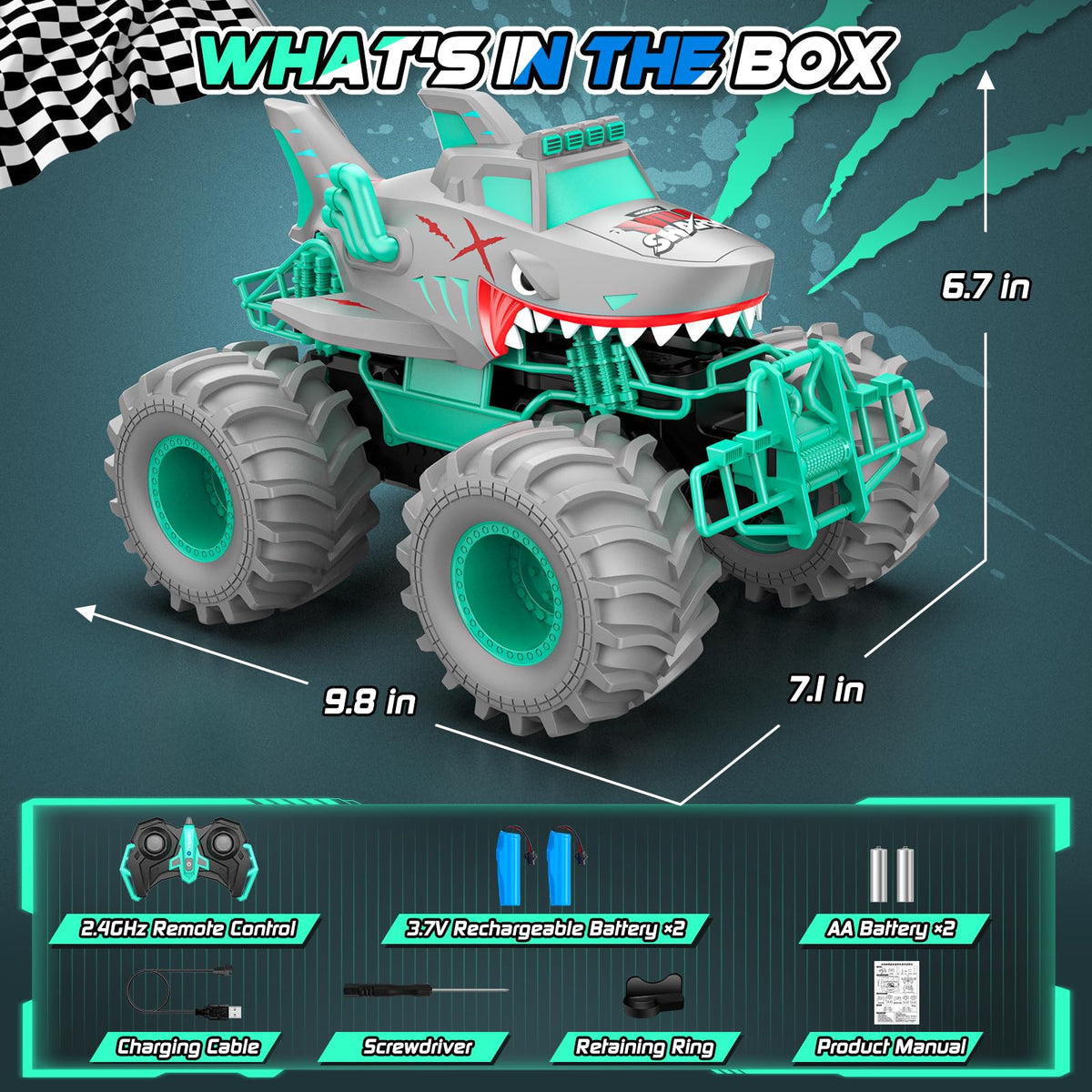 Salazaza shark RC car side angle highlighting 4WD stability on sand and grass