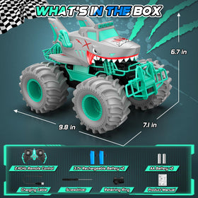 Salazaza shark RC car side angle highlighting 4WD stability on sand and grass