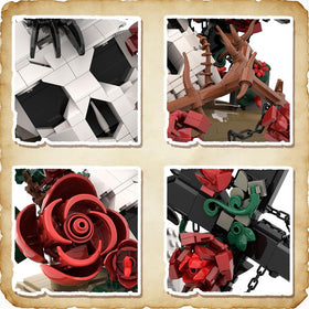 SALJGKS Gothic skull with red roses, thorns, and chains close-up.