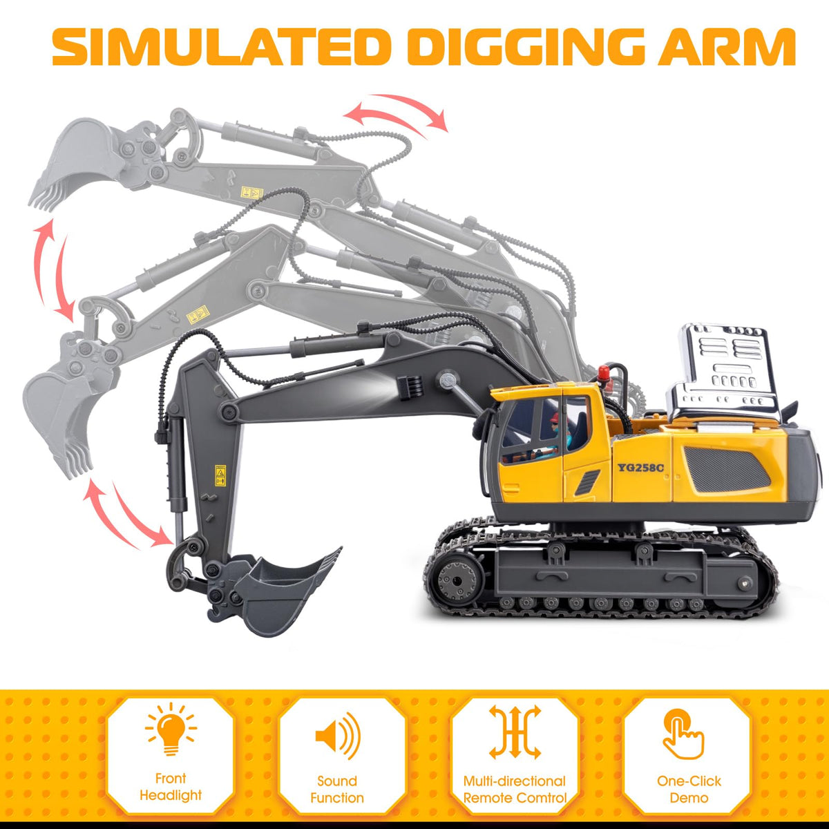 Samtop excavator toy headlights and sound enhance play.