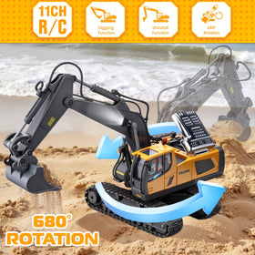 Samtop RC excavator toy 360-degree rotation in play.