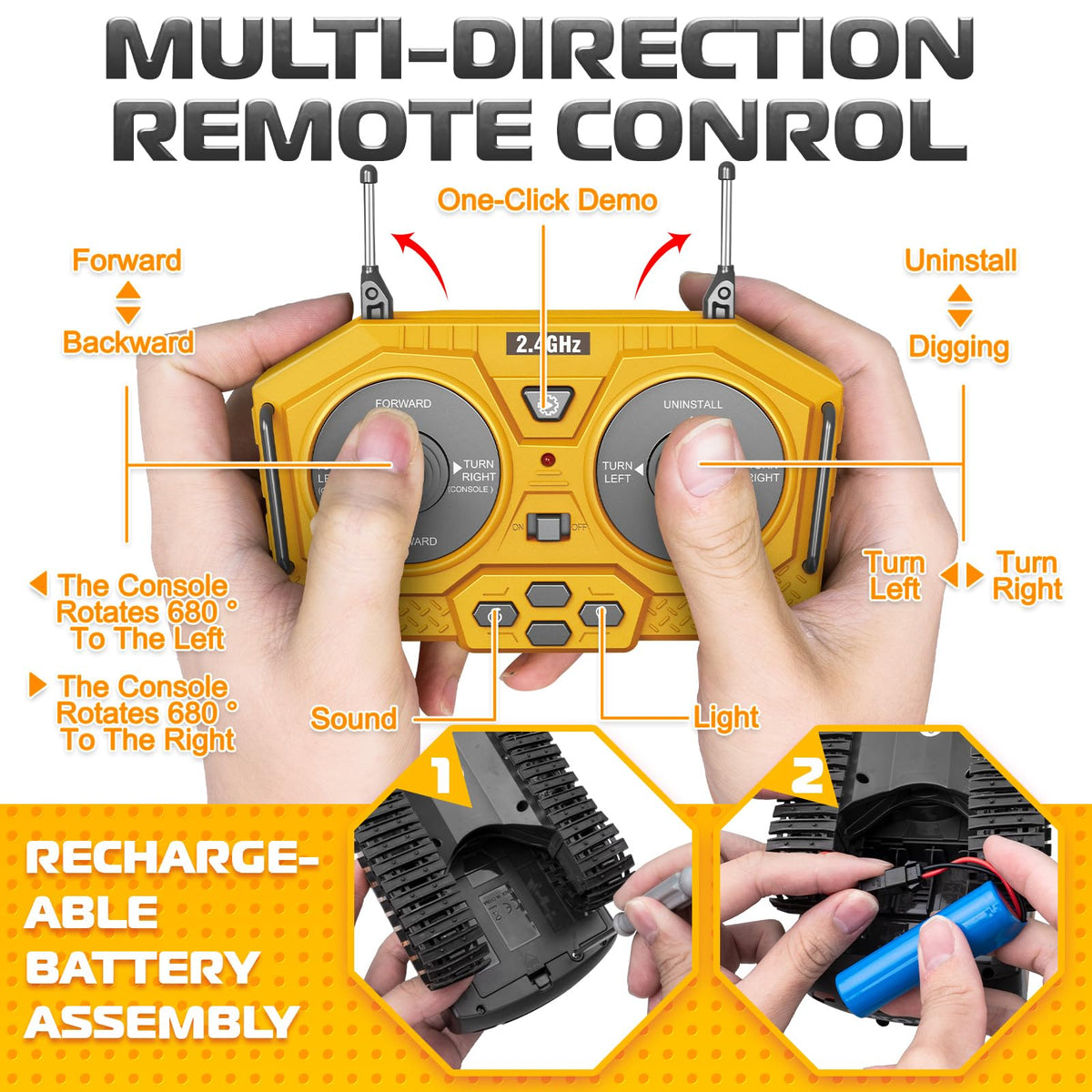 Samtop RC excavator toy includes remote, battery, charger.