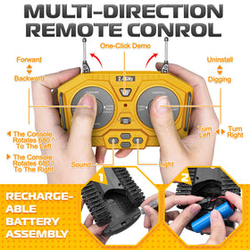 Samtop RC excavator toy includes remote, battery, charger.
