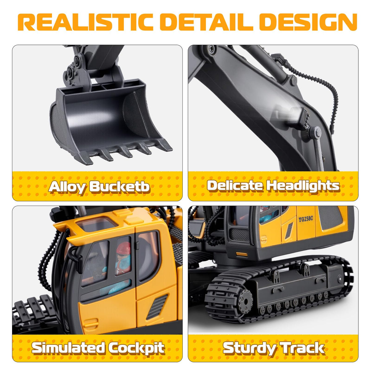 Samtop RC excavator toy includes two rechargeable batteries.