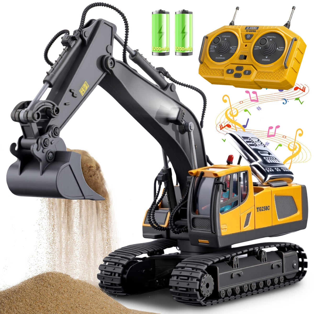 Samtop RC excavator toy digging action for kids.