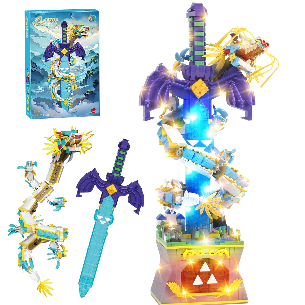 SAMYBLOCKS Dragon Sword base with LED lighting for dramatic display.
