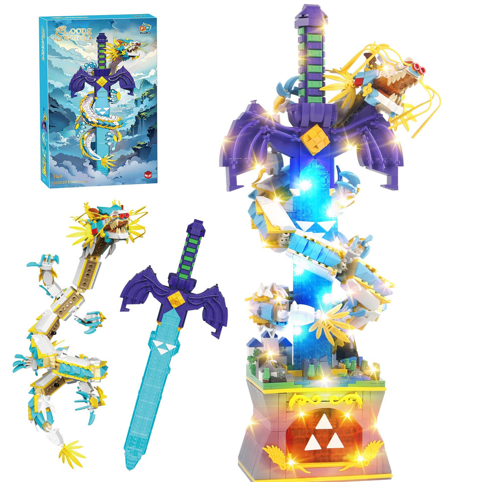 SAMYBLOCKS Dragon Sword base with LED lighting for dramatic display.