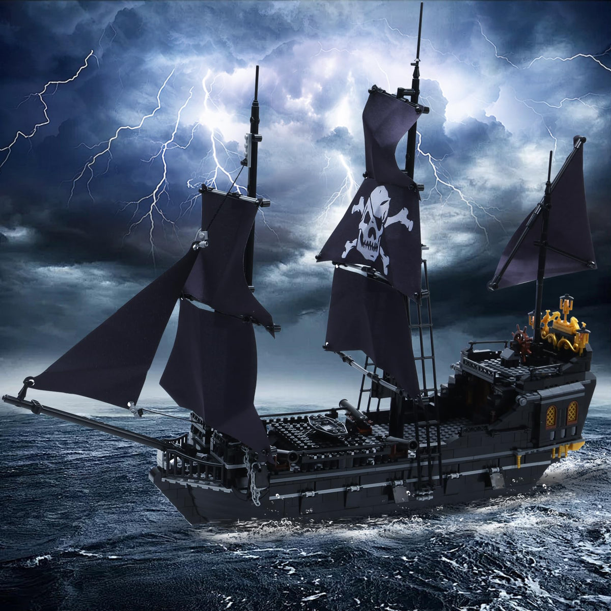 SAMYBLOCKS pirate ship display-ready model after completion for shelves