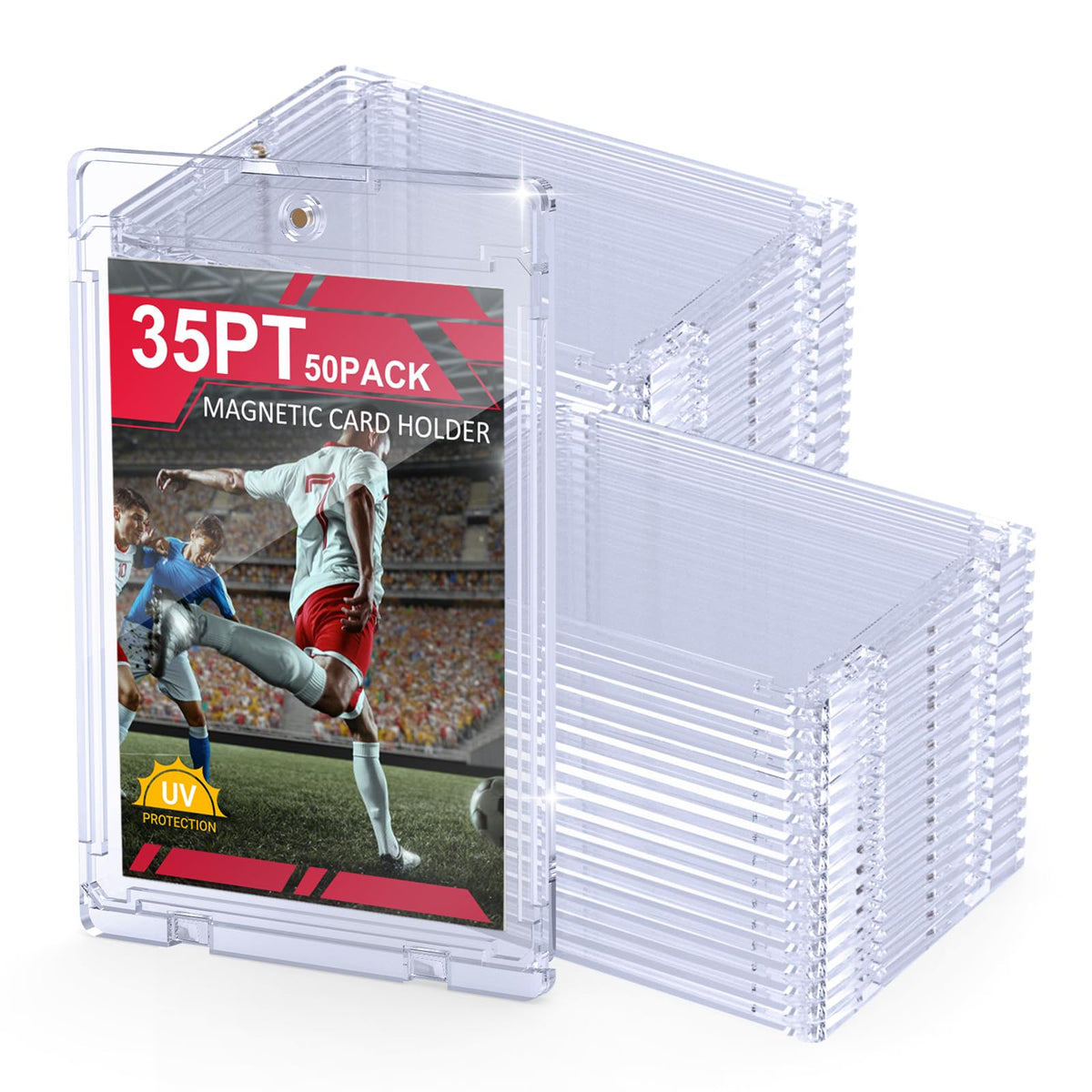 SAMYUCO magnetic card holder front view showing crystal-clear display and secure, easy-access sealing