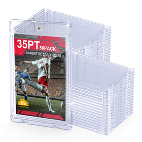 SAMYUCO magnetic card holder front view showing crystal-clear display and secure, easy-access sealing