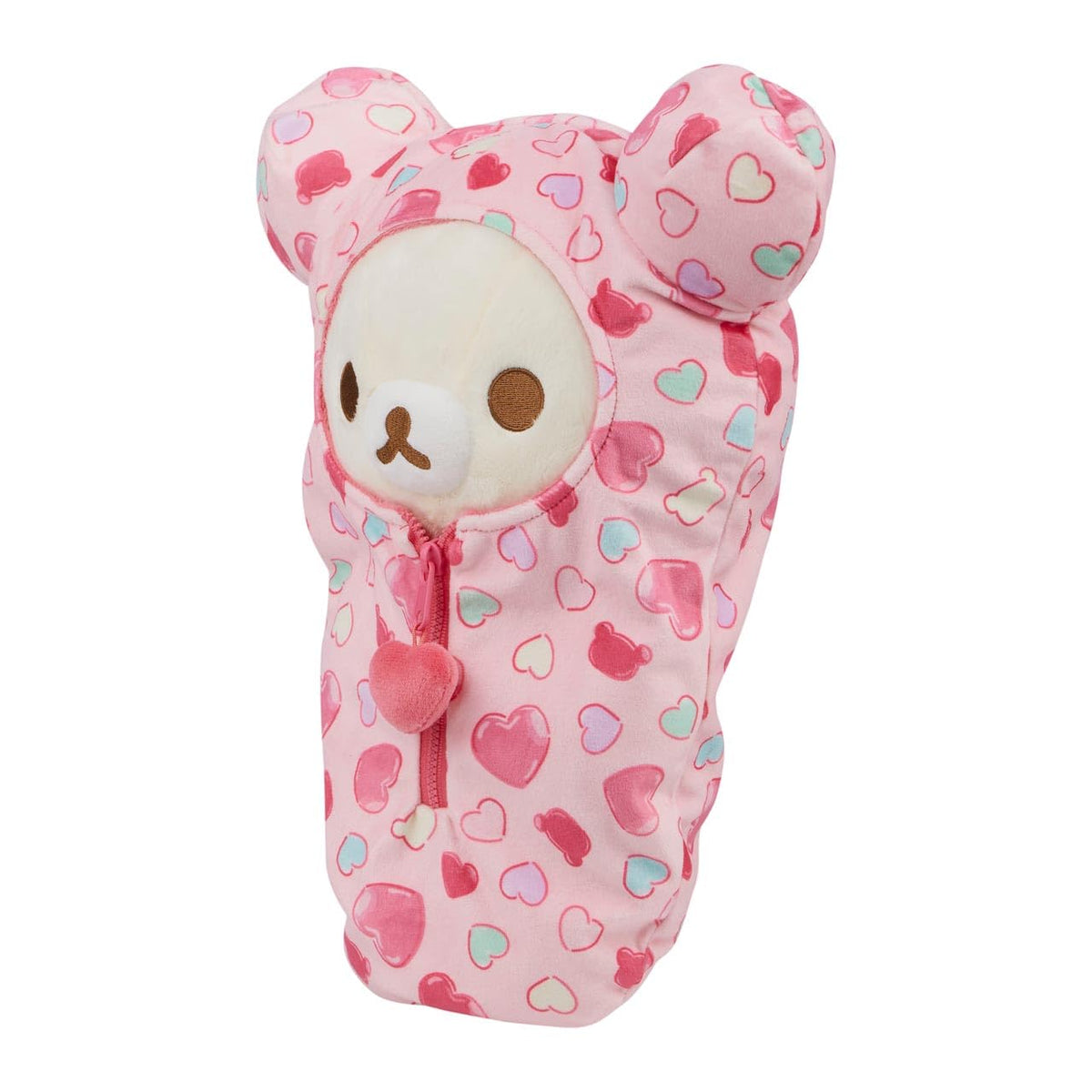 Rilakkuma hood detail highlighting plush sleeping bag design for naps.