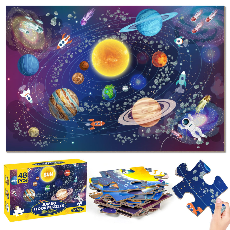 SANANT Jumbo Floor Puzzle on floor helps kids assemble large solar system scenes.