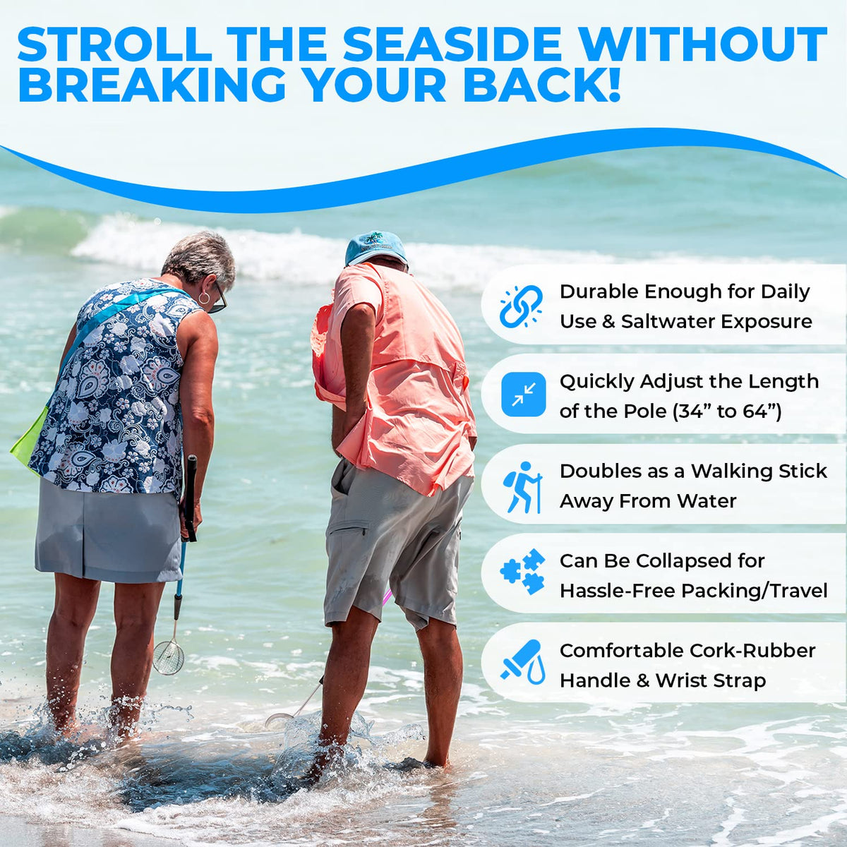 Sand Dipper adjustable blue pole 34-64 inches for comfortable shore scanning.