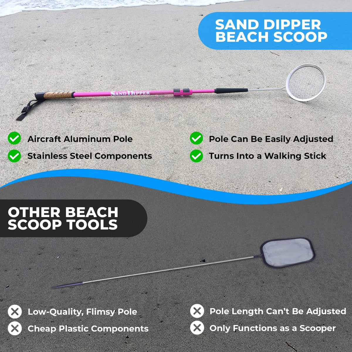 Sand Dipper pink detachable scoop basket for versatile use.