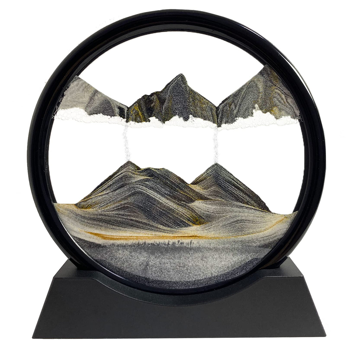 SANDCLE Moving Sand Art in a black round frame for calming desk decor