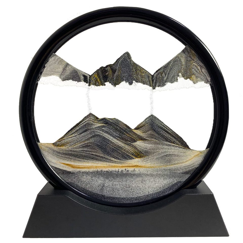 SANDCLE Moving Sand Art in a black round frame for calming desk decor